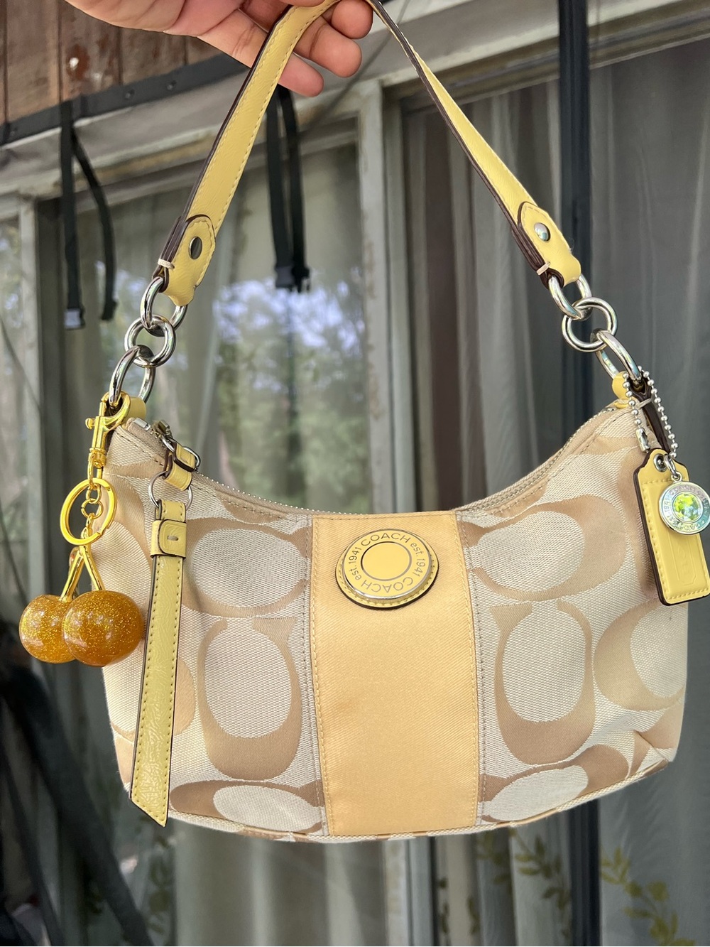 Coach Beige & Yellow Signature Canvas Shoulder Bag